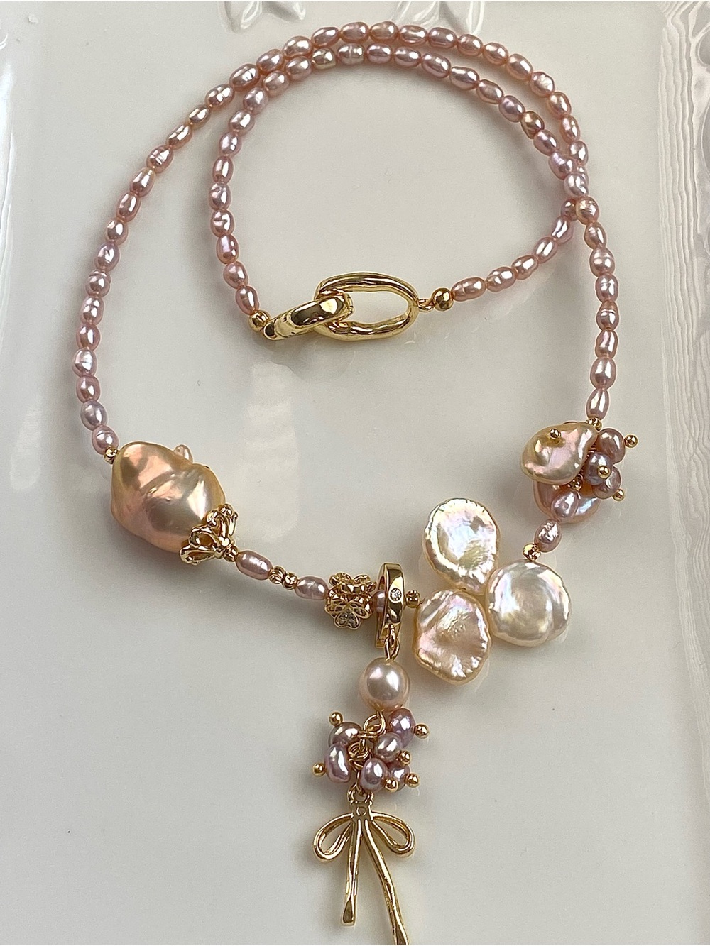 N302-Handmade Sakura Pink Freshwater Pearl Flameball Pearl Necklace